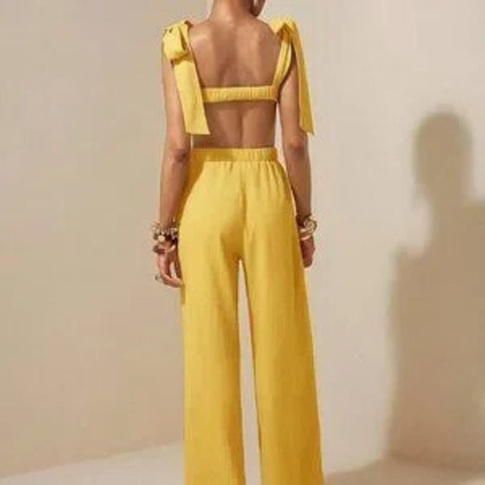 Mustard Yellow Sexy Women's Beach Cropped Top and Wide-Leg Trousers
